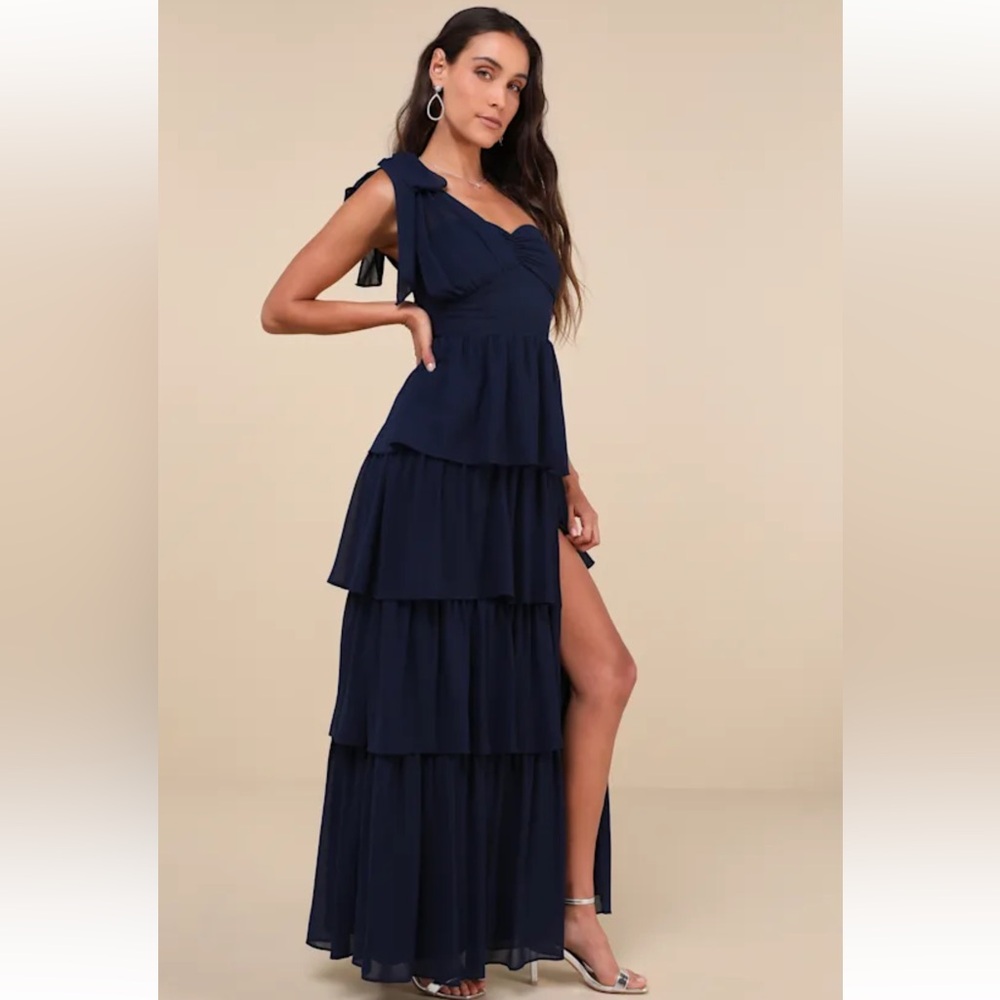 Lulu's Navy Tiered Maxi Dress with Bow Strap